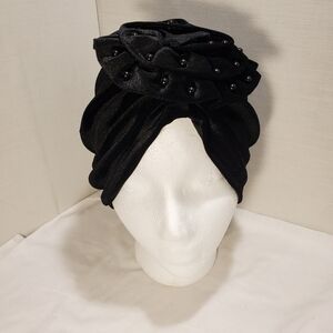 Elegant Black Pearl Beaded Rosette Stretchy Turban OSFA New In Package